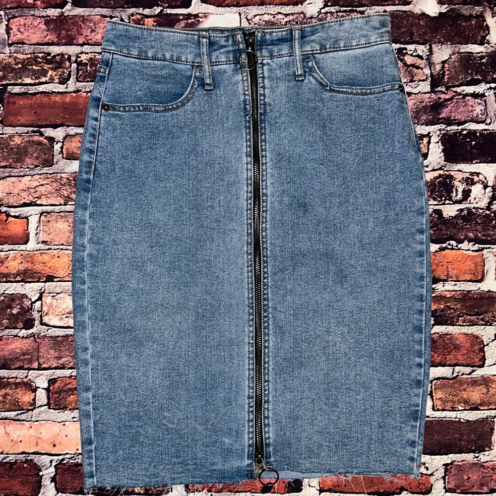 High waisted denim pencil skirt with zipper front